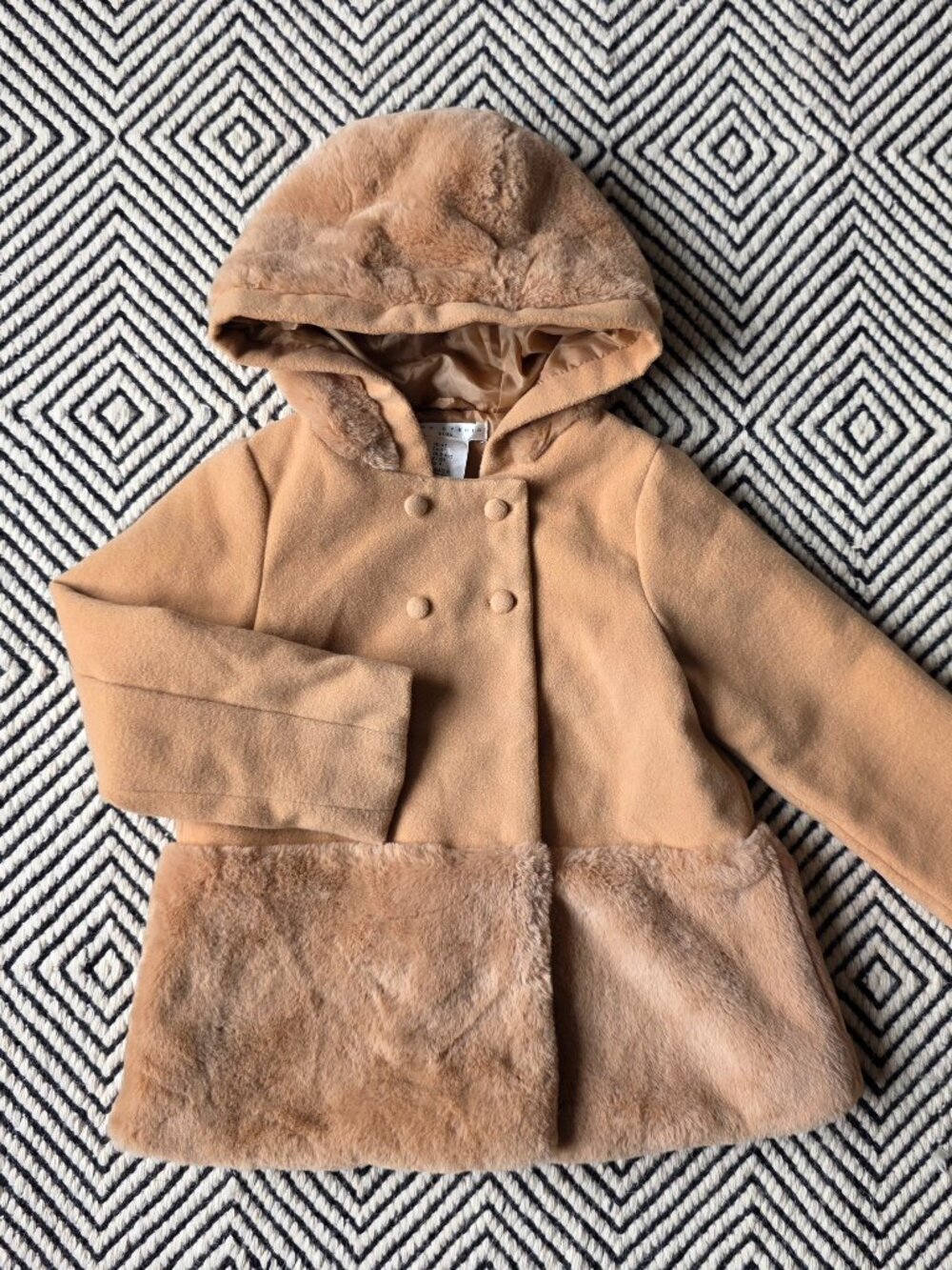 4T Max Studio Kids Cozy Camel Pea Coat with Soft Faux Fur Trim & Hood